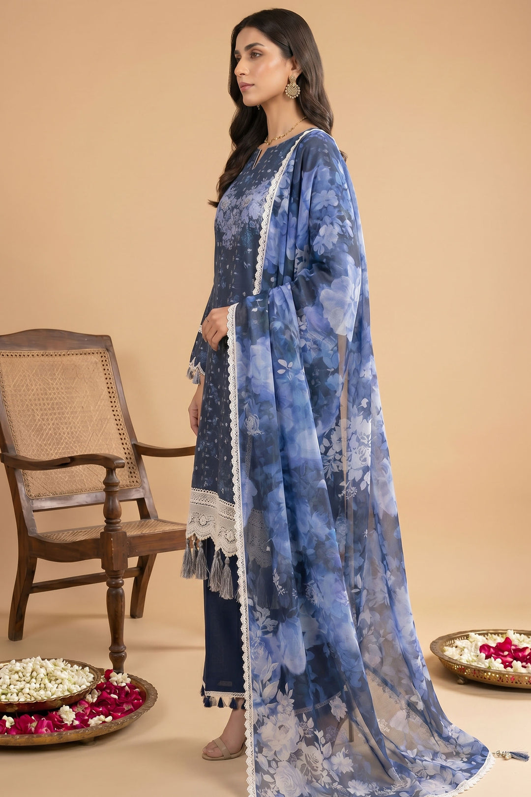 Blue 3 Piece Unstitched Premium Printed Lawn