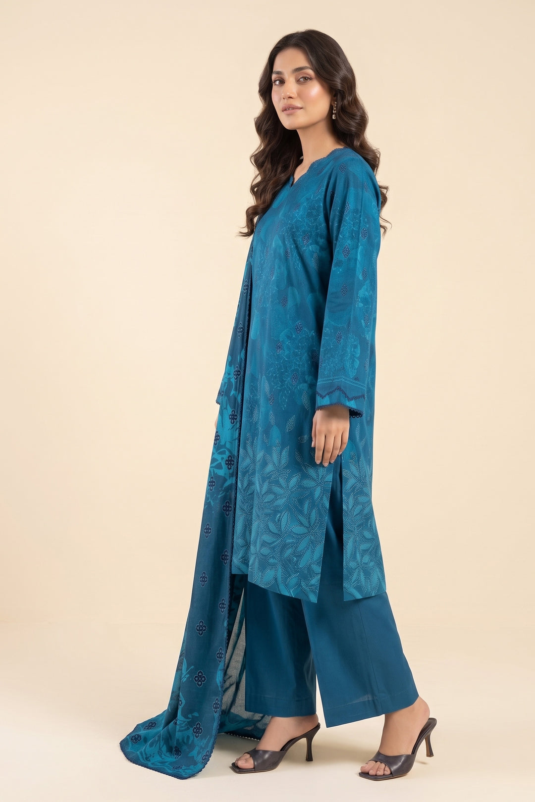 3 Piece Unstitched Persian Blue Premium Linen