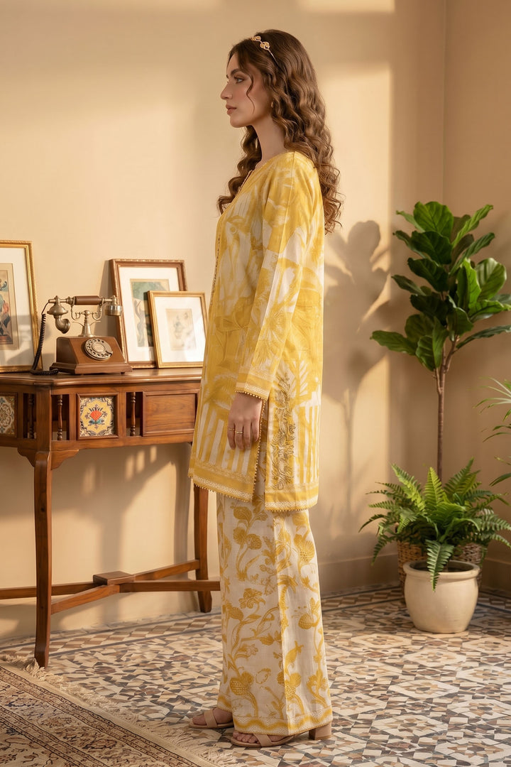 2 Piece Naples Yellow Unstitched Printed Cambric Co-Ord Set