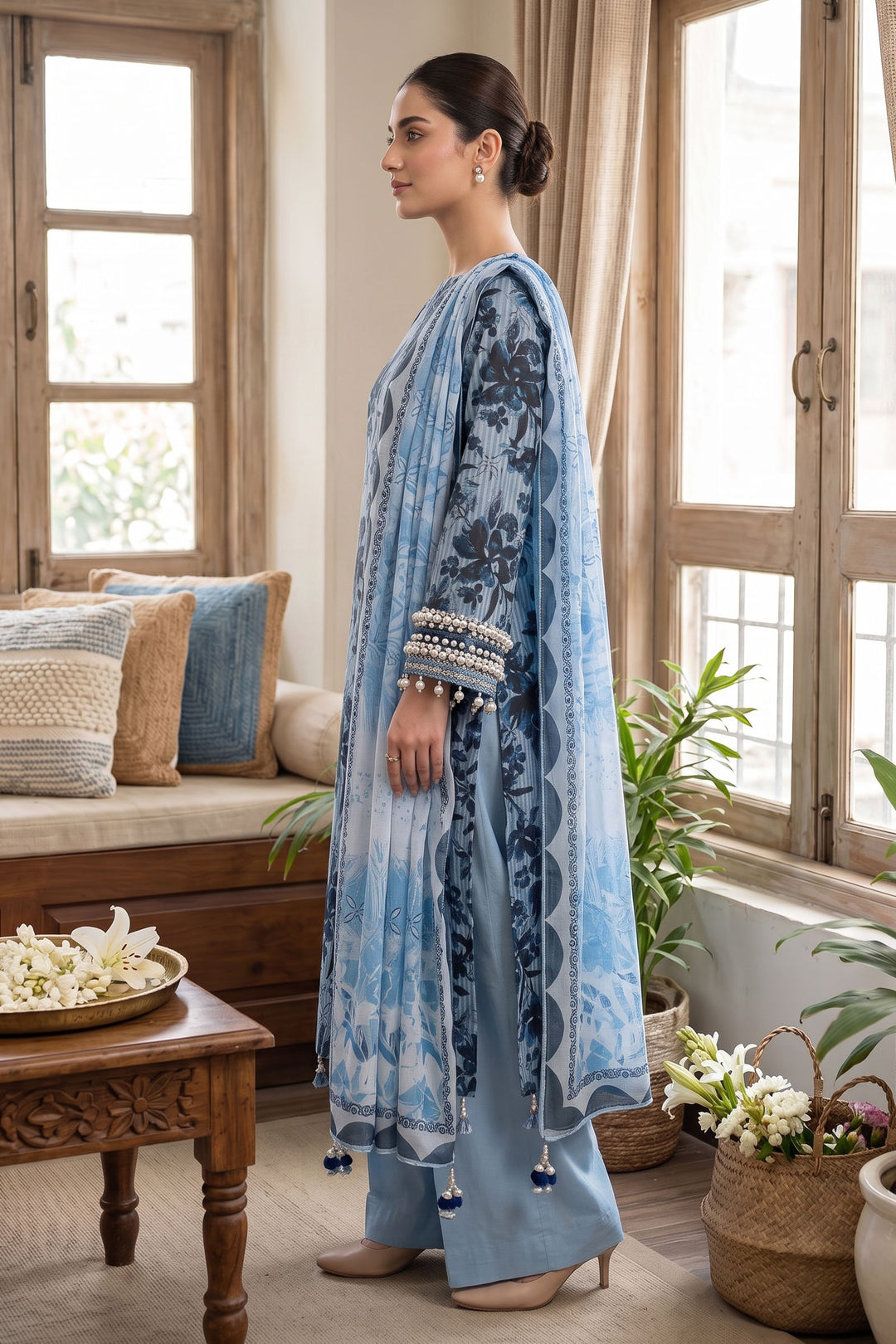 Blue 3 Piece Unstitched Premium Printed Lawn