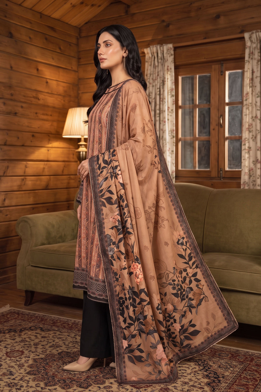 3 Piece Unstitched Brown Premium Linen