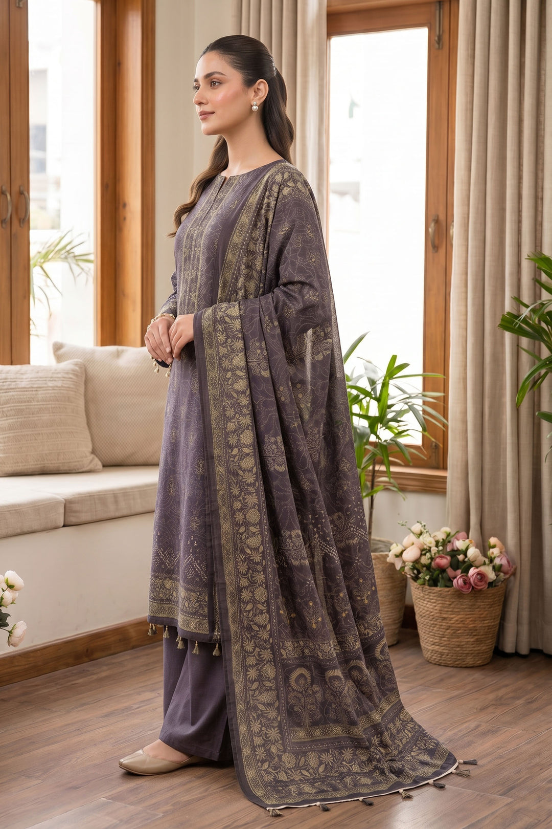 Purple Taupe 3 Piece Unstitched Premium Printed Lawn
