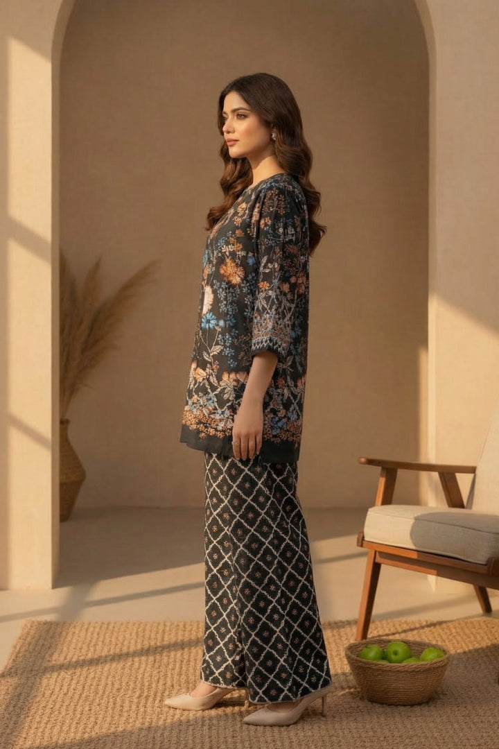 Black 2 Piece Unstitched Printed Cambric Co-Ord Set