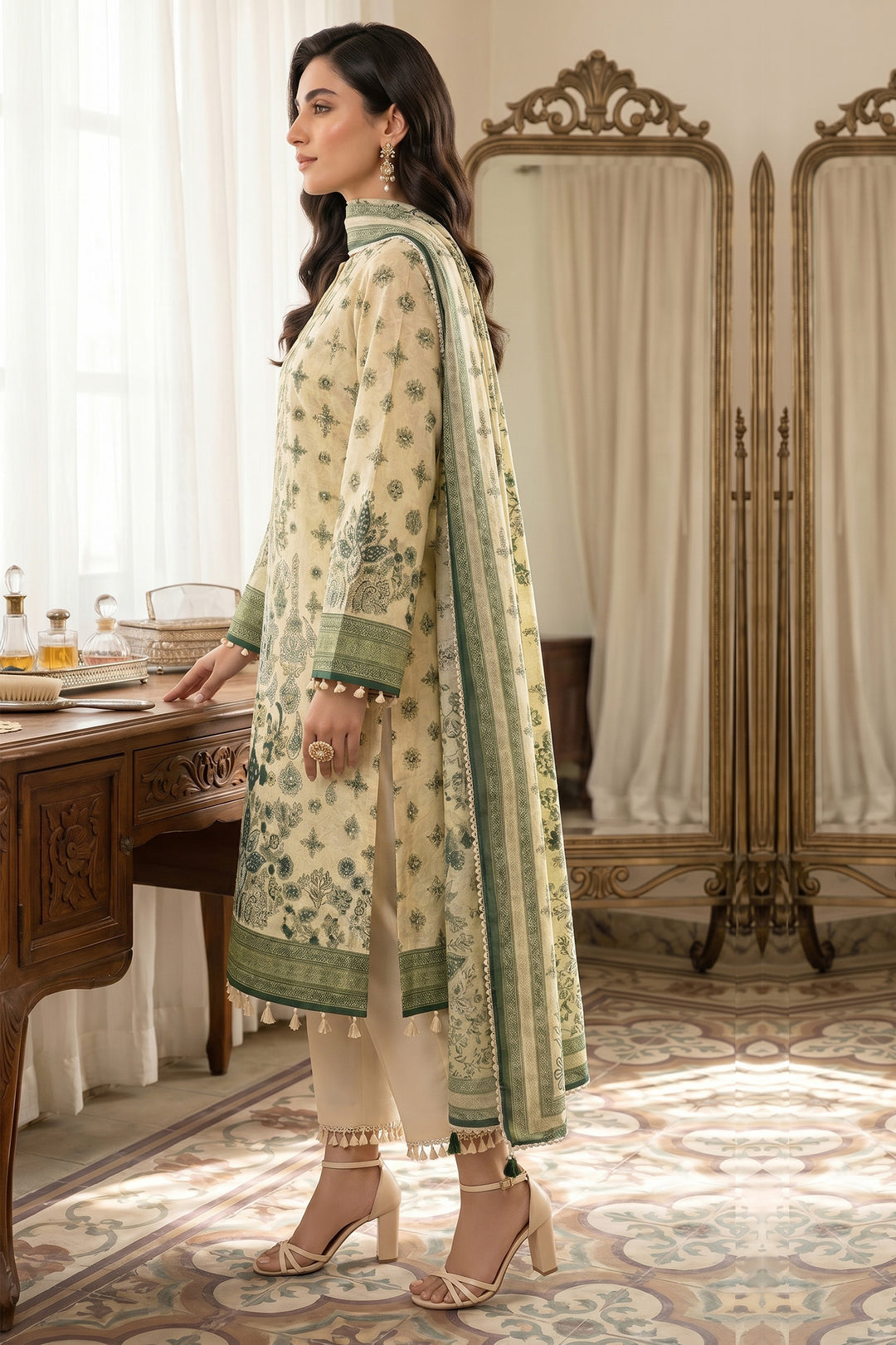 Light yellow 3 Piece Unstitched Premium Printed Lawn