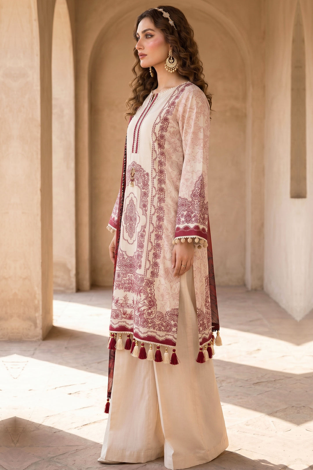 3 Piece Unstitched Beige Premium Lawn