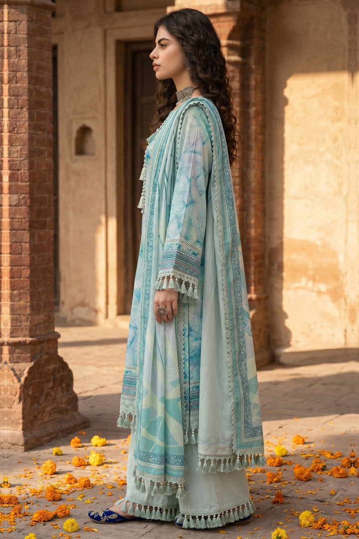 3 Piece Unstitched Aqua Blue Premium Lawn