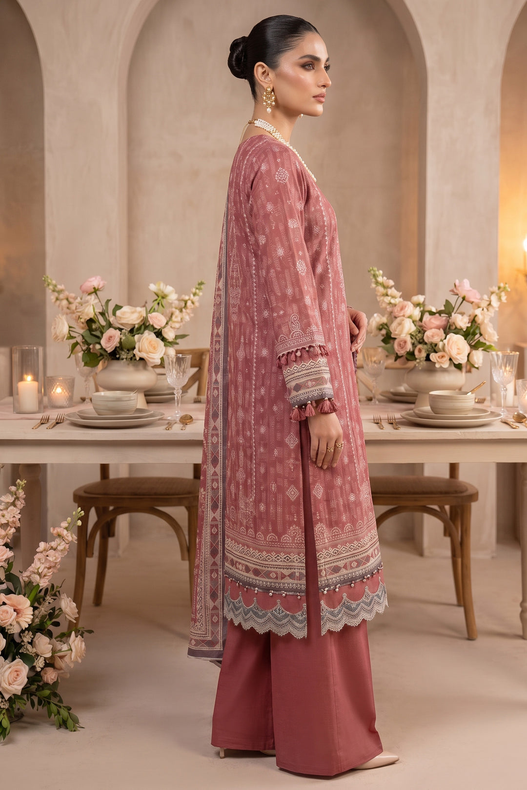 Brick Red 3 Piece Unstitched Premium Printed Lawn