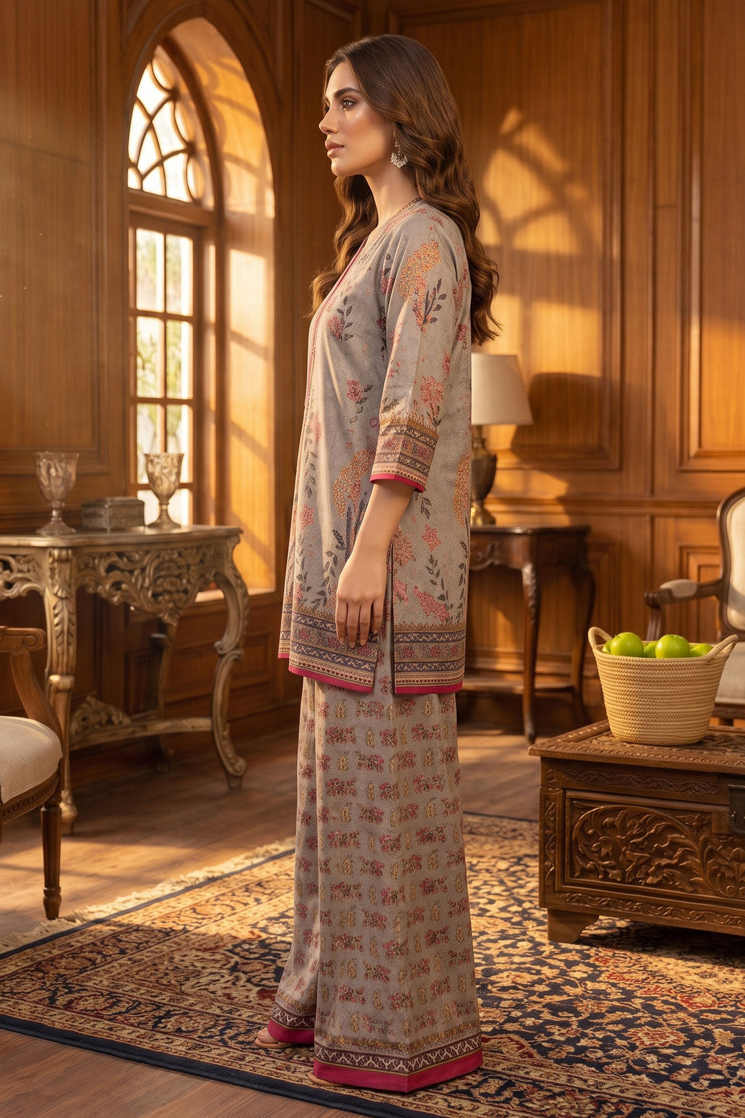 Pale Silver 2 Piece Unstitched Printed Cambric Co-Ord Set