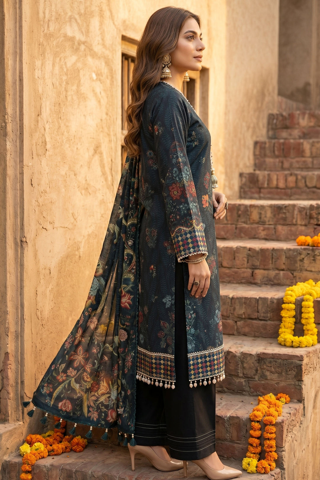 3 Piece Unstitched Black Premium Lawn