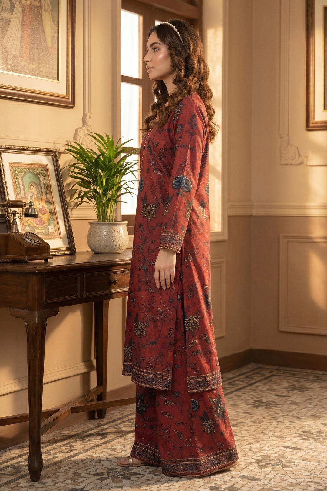 2 Piece Deep Carmine Unstitched Printed Cambric Co-Ord Set