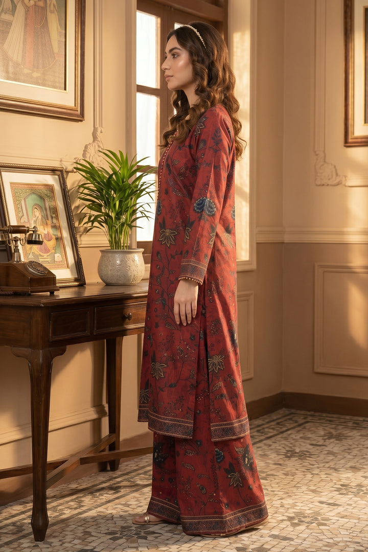 2 Piece Deep Carmine Unstitched Printed Cambric Co-Ord Set