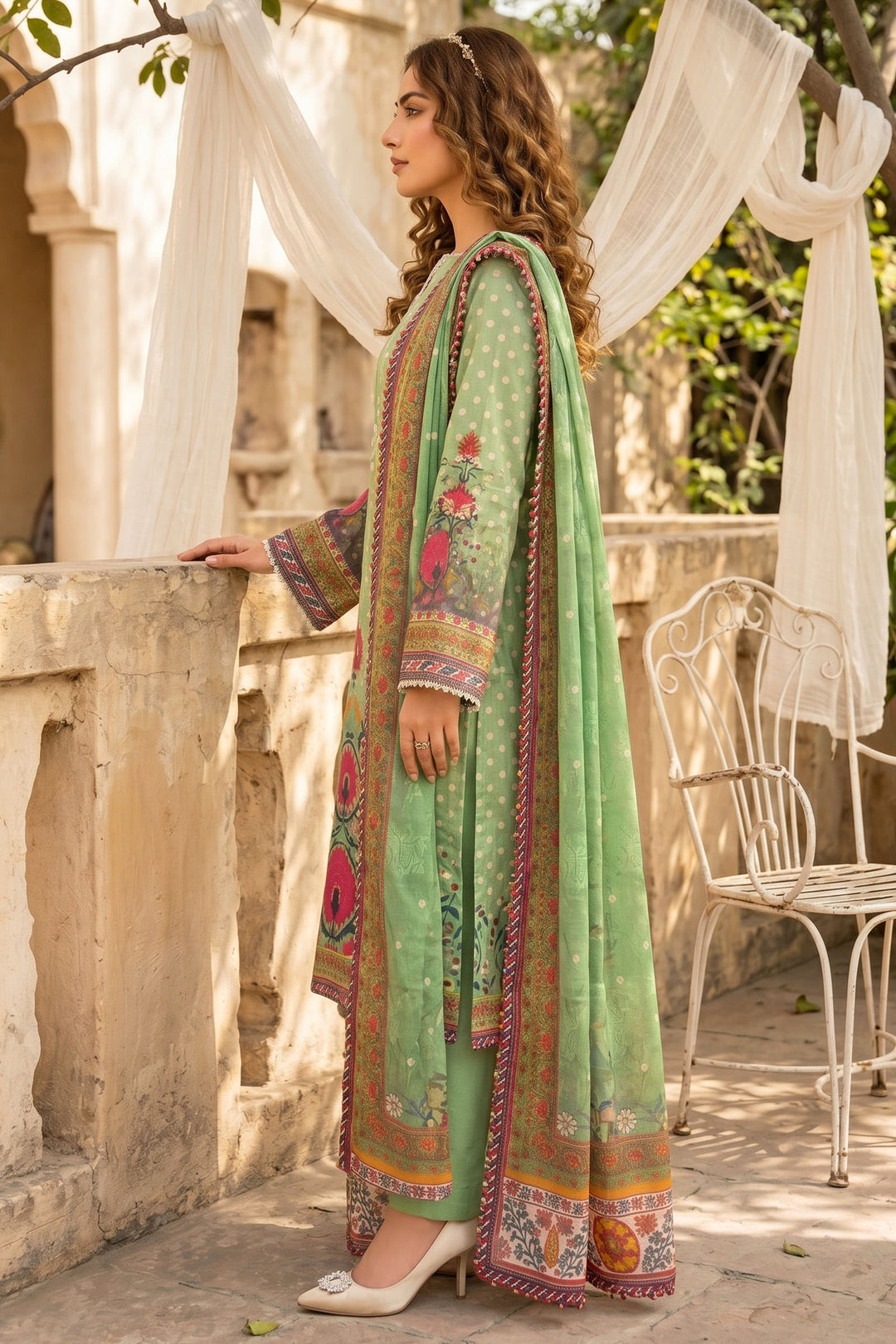3 Piece Unstitched Green Premium Lawn