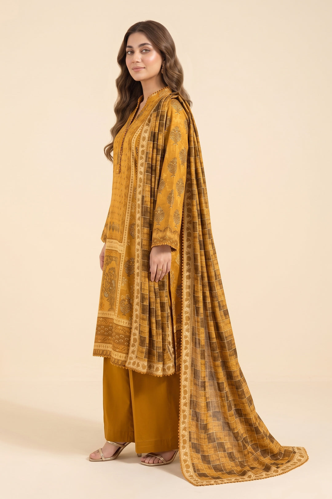 Unstitched 3 Piece Premium Printed Linen Suit - Yellow