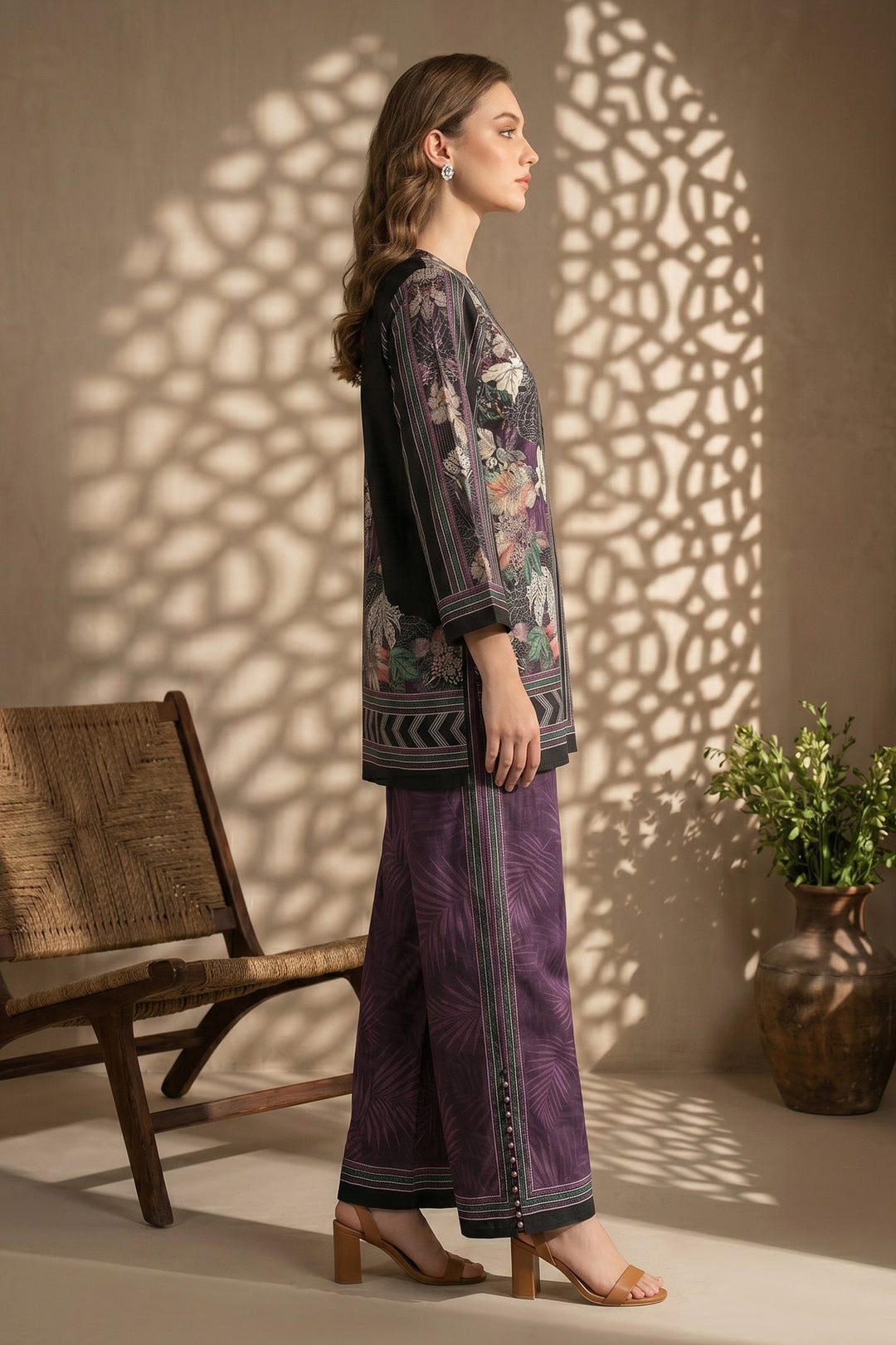 Dark Brown 2 Piece Unstitched Printed Cambric Co-Ord Set