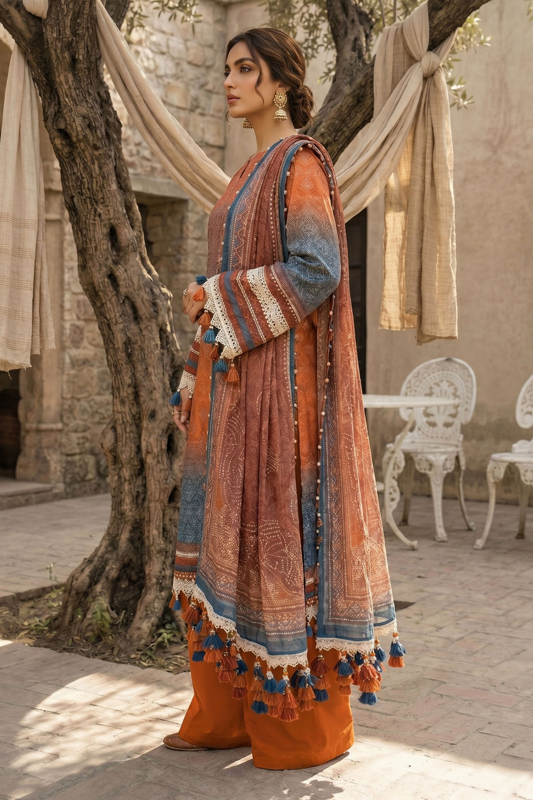 Orange 3 Piece Unstitched Premium Printed Lawn