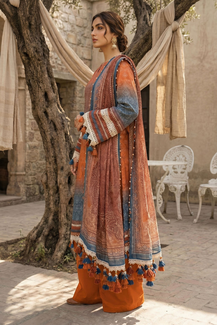Orange 3 Piece Unstitched Premium Printed Lawn