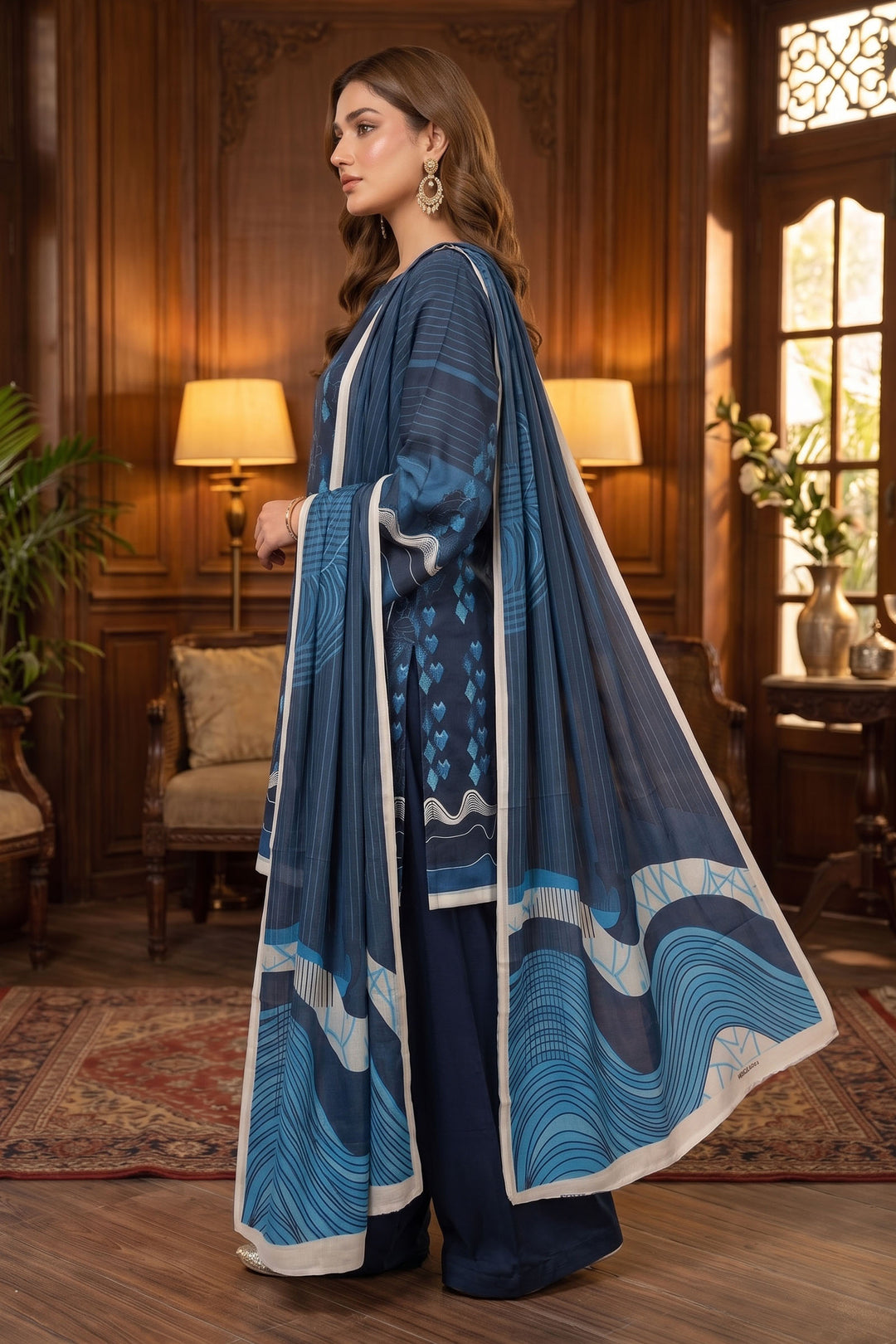 Blue 3 Piece Unstitched Premium Printed Lawn