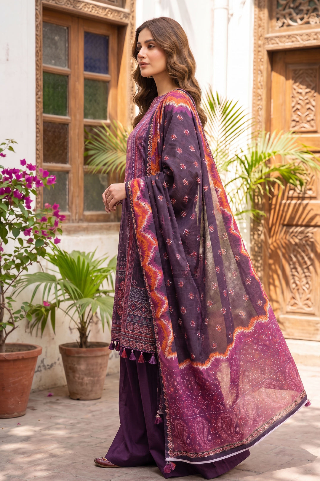 Plum Purple 3 Piece Unstitched Premium Printed Lawn