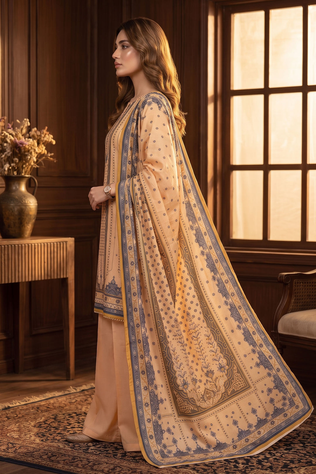 Peach 3 Piece Unstitched Premium Printed Lawn