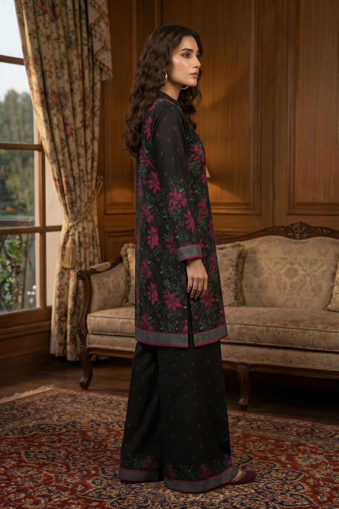 Black 2 Piece Unstitched Printed Cambric Co-Ord Set