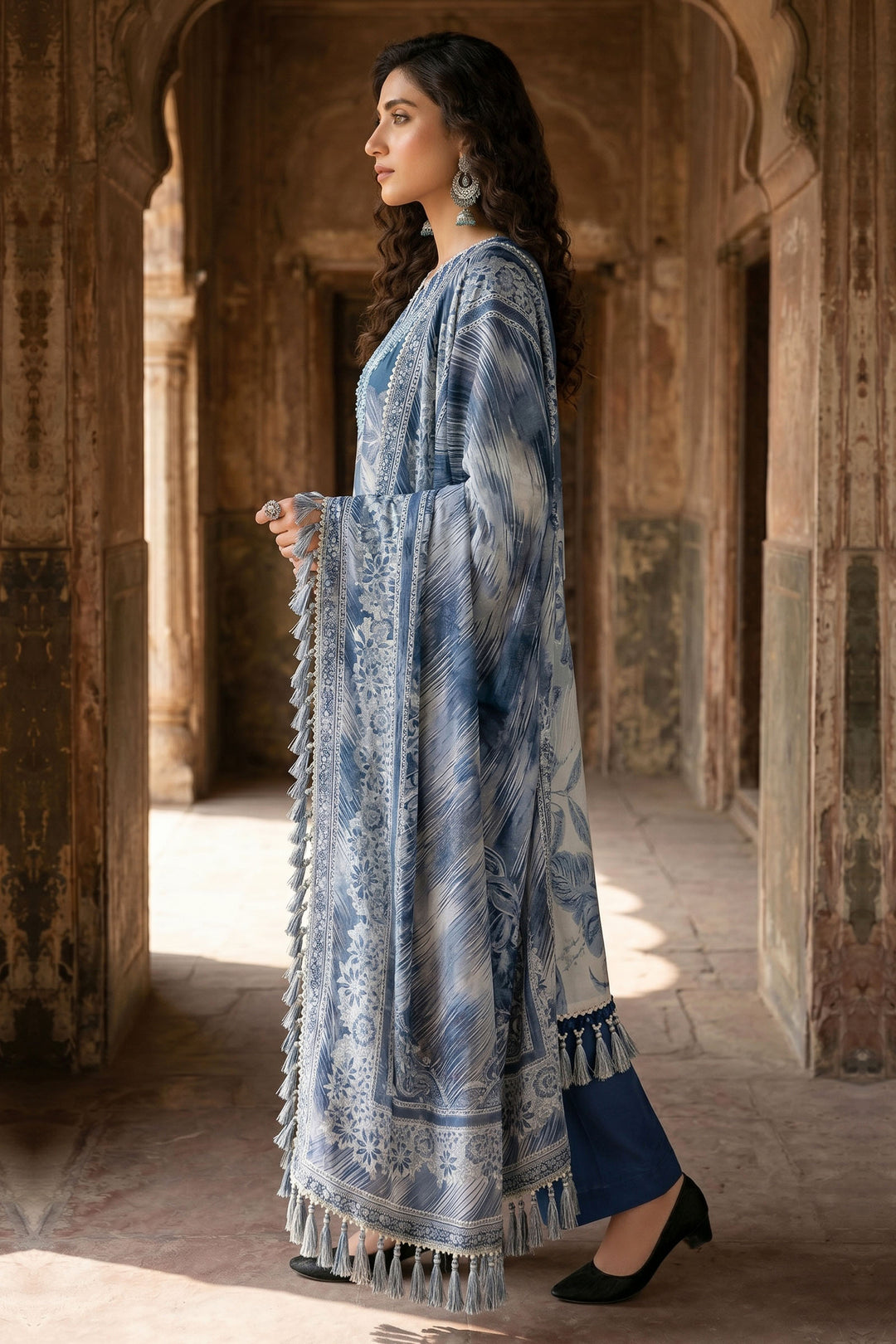 3 Piece Unstitched Blue Premium Lawn