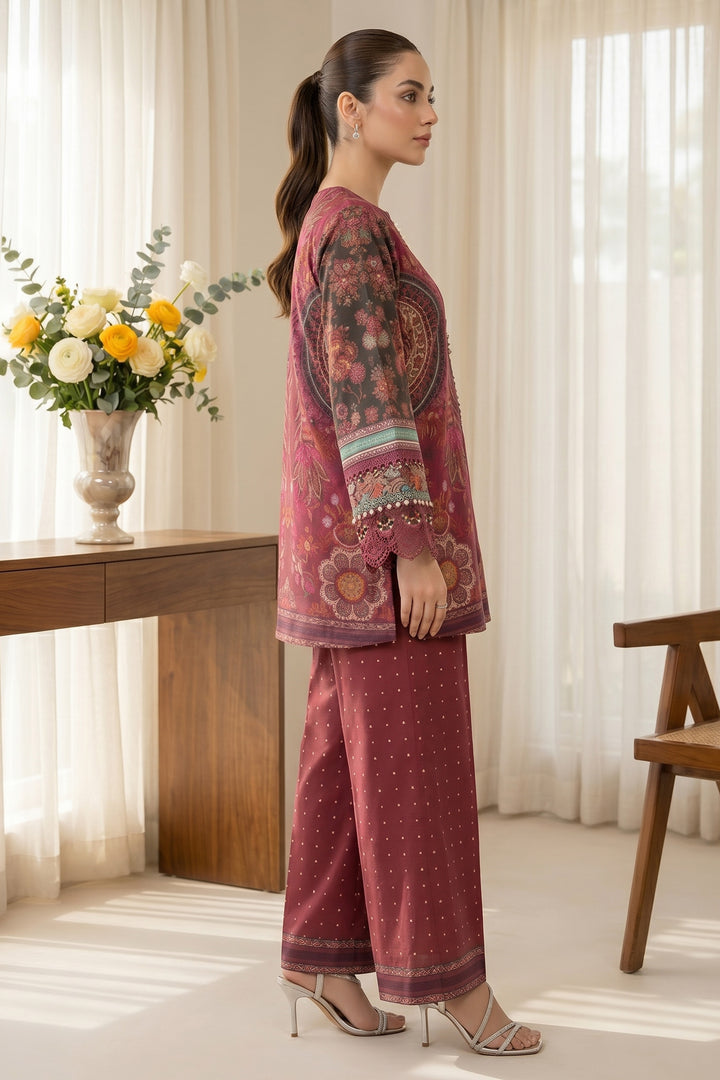 2 Piece Garnet Red Unstitched Printed Cambric Co-Ord Set