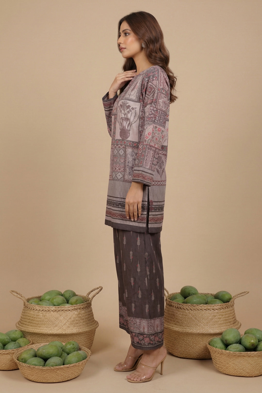 Medium Taupe 2 Piece Unstitched Printed Cambric Co-Ord Set