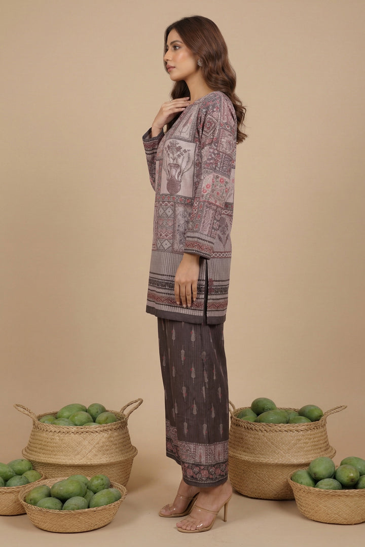 Medium Taupe 2 Piece Unstitched Printed Cambric Co-Ord Set