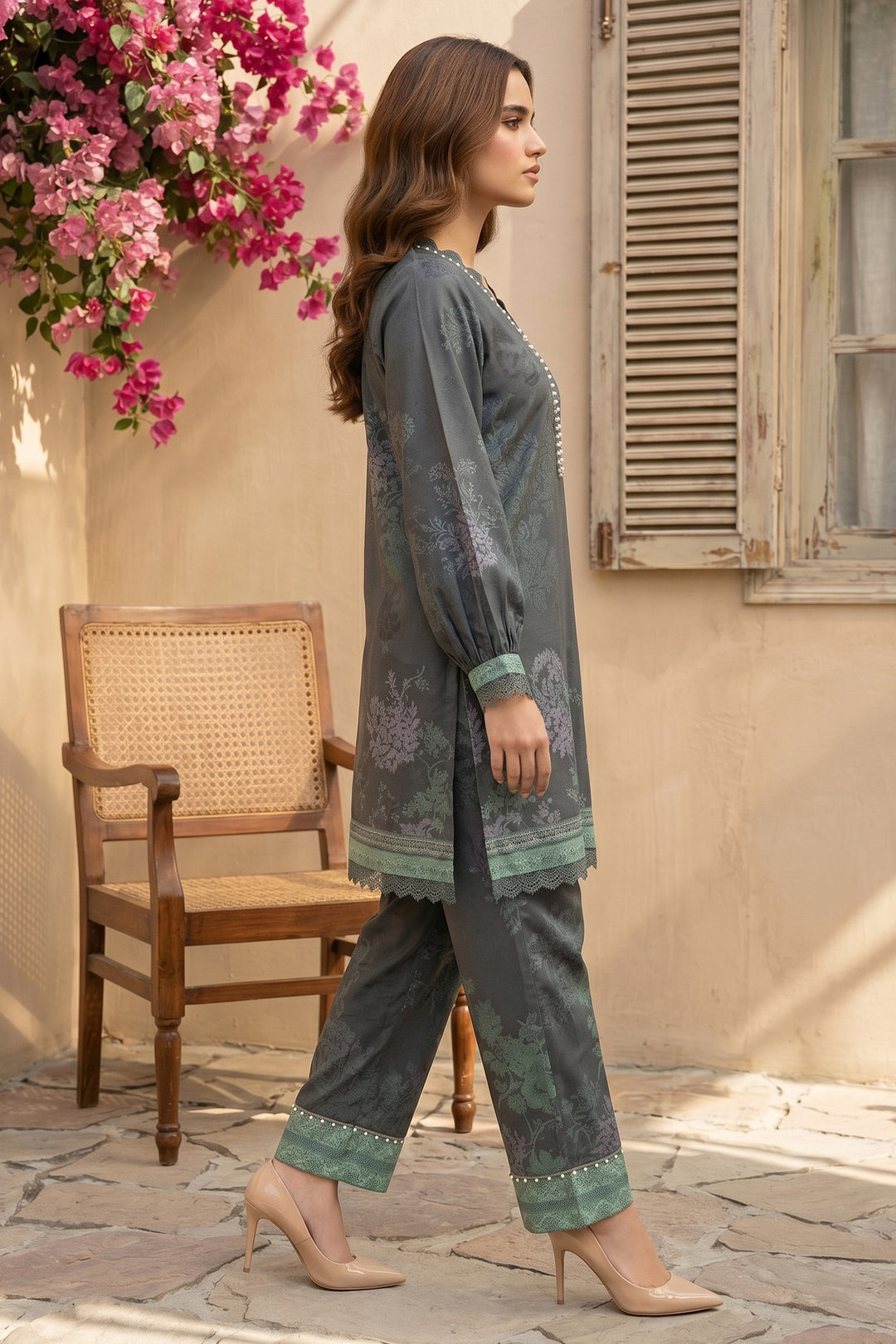Charcoal 2 Piece Unstitched Printed Cambric Co-Ord Set