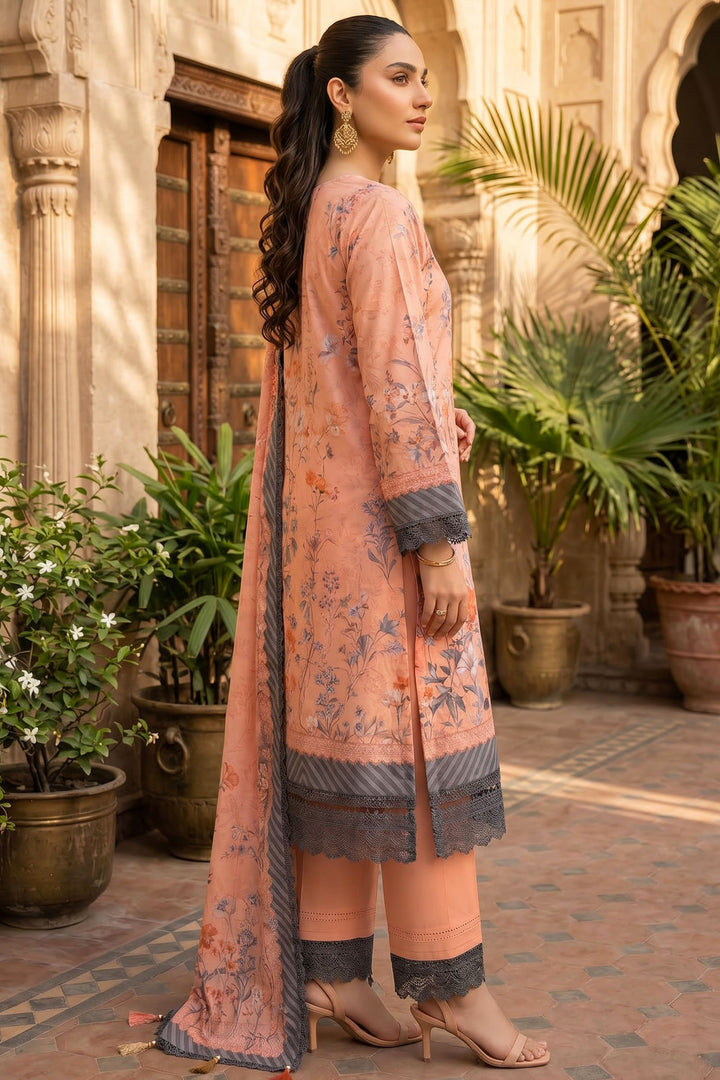 Peach 3 Piece Unstitched Premium Printed Lawn