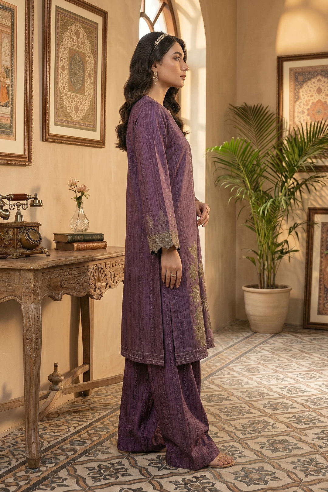 Purple 2 Piece Unstitched Printed Cambric Co-Ord Set