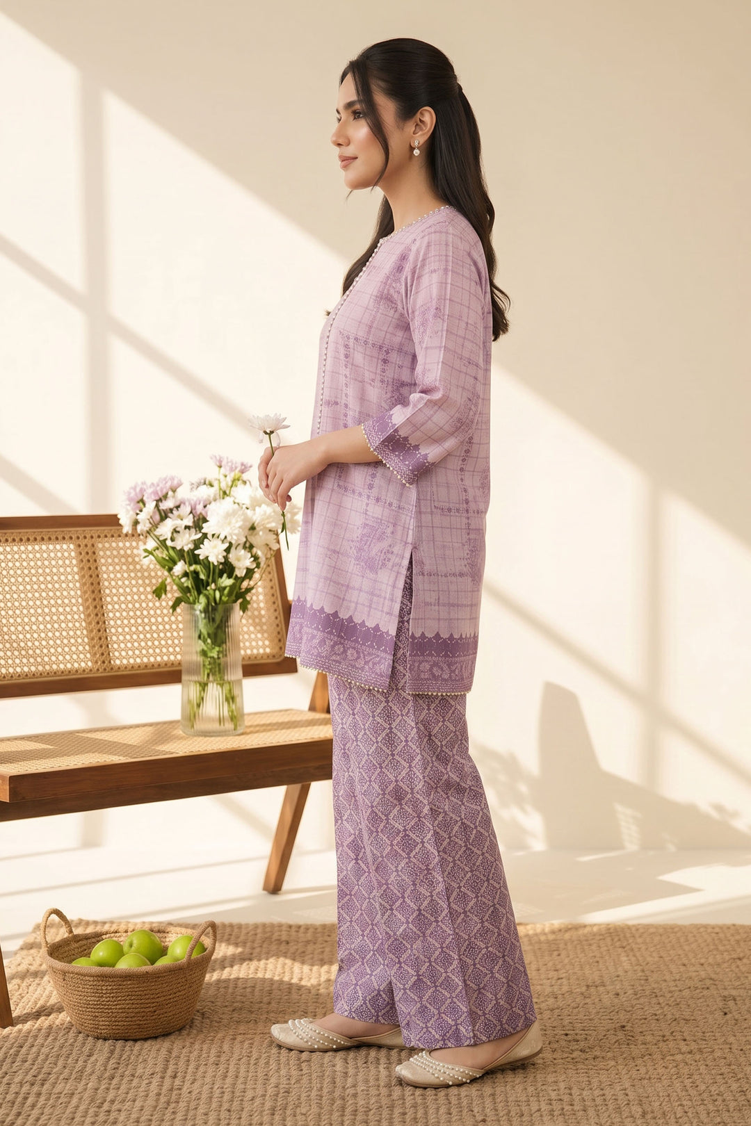 Pink 2 Piece Unstitched Printed Cambric Co-Ord Set