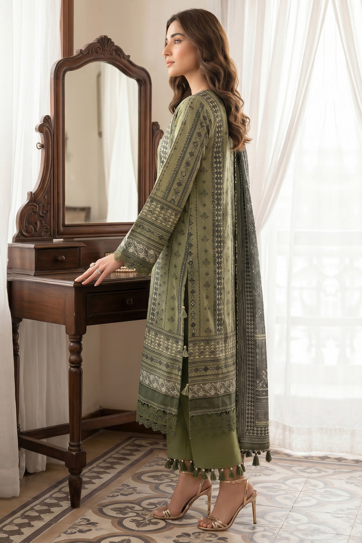 Olive Green 3 Piece Unstitched Premium Printed Lawn