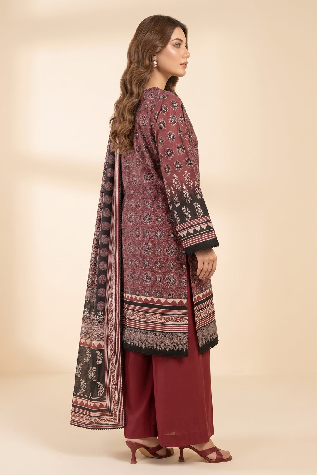 3 Piece Unstitched Maroon Premium Linen
