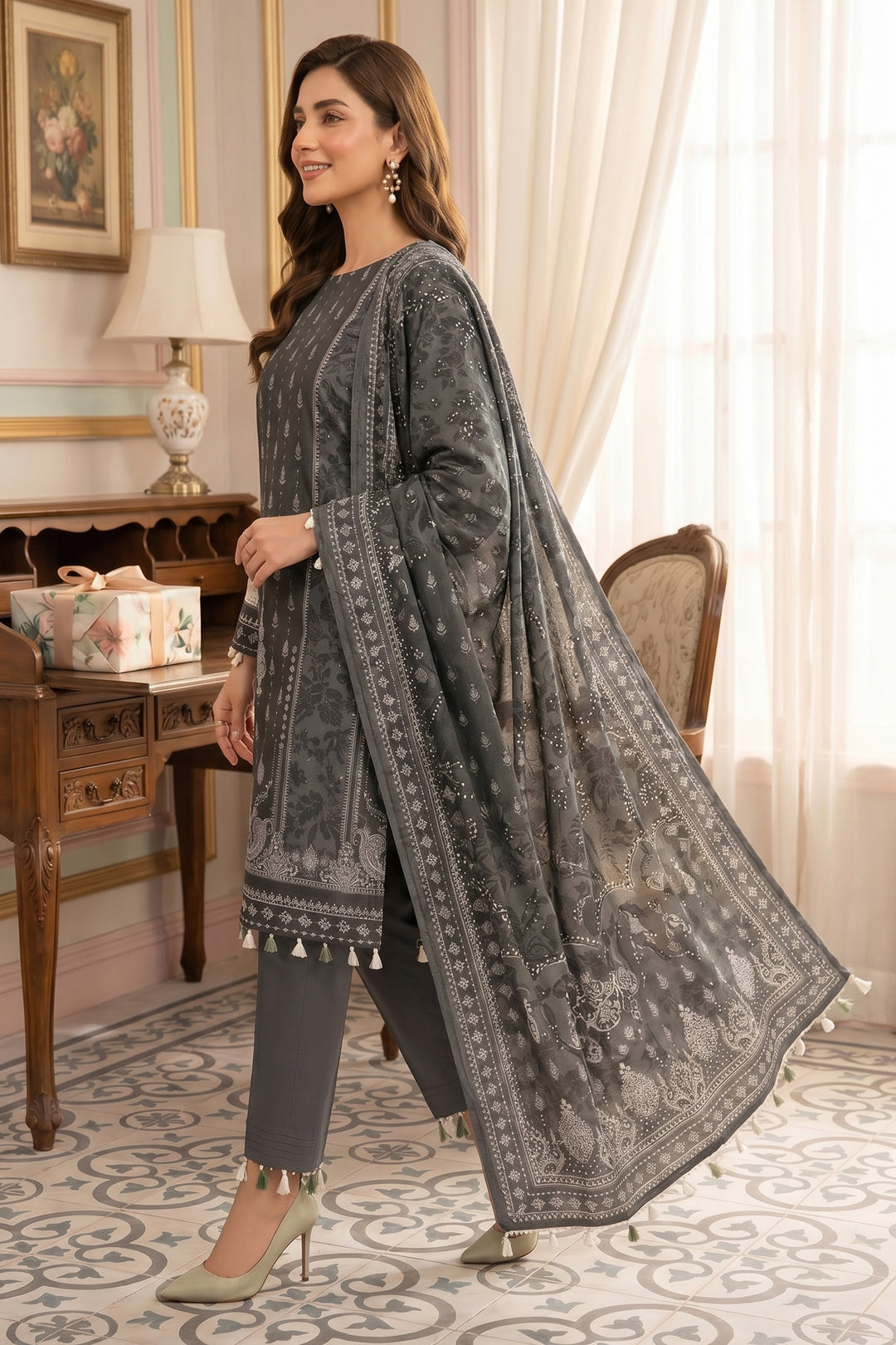 Fuscous Grey 3 Piece Unstitched Premium Printed Lawn