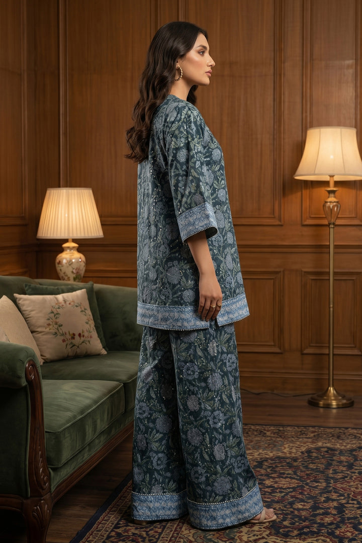 Blue 2 Piece Unstitched Printed Cambric Co-Ord Set