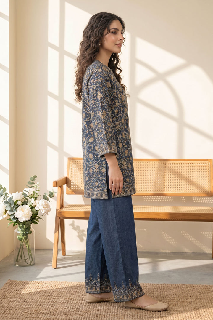 Blue 2 Piece Unstitched Printed Cambric Co-Ord Set