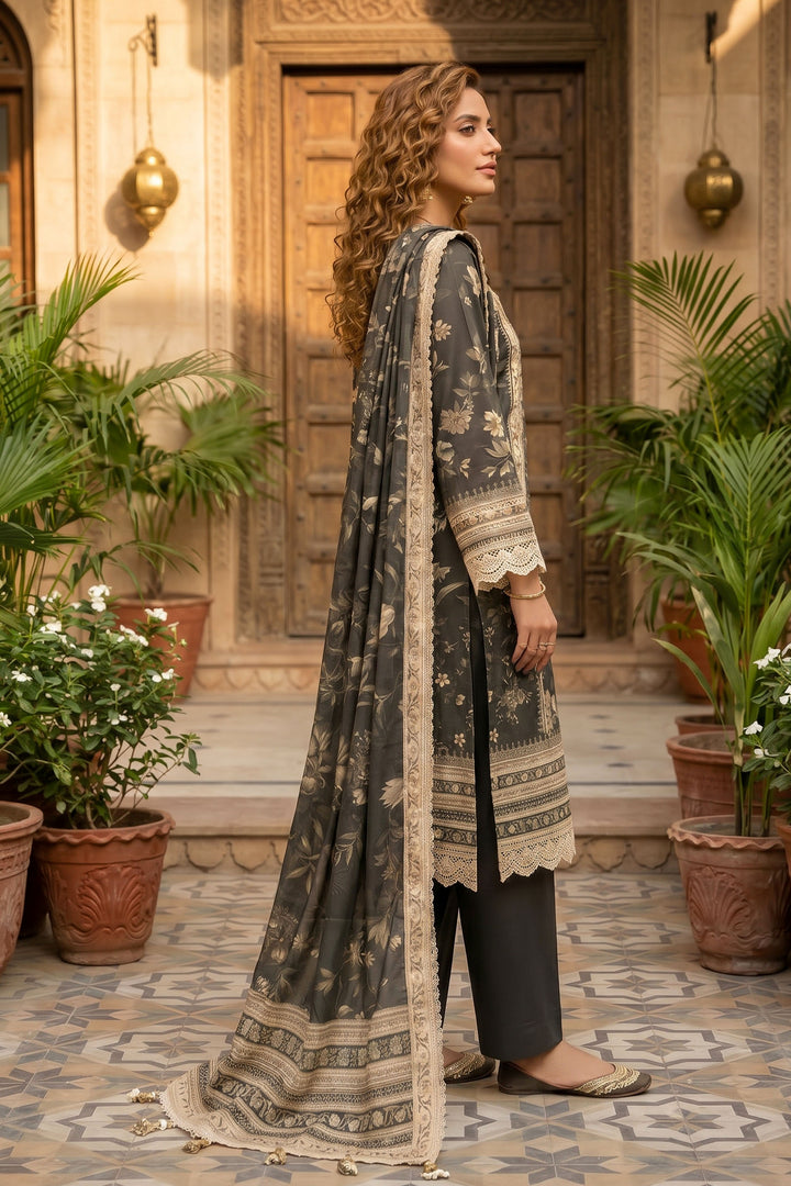 Dark Grey 3 Piece Unstitched Premium Printed Lawn