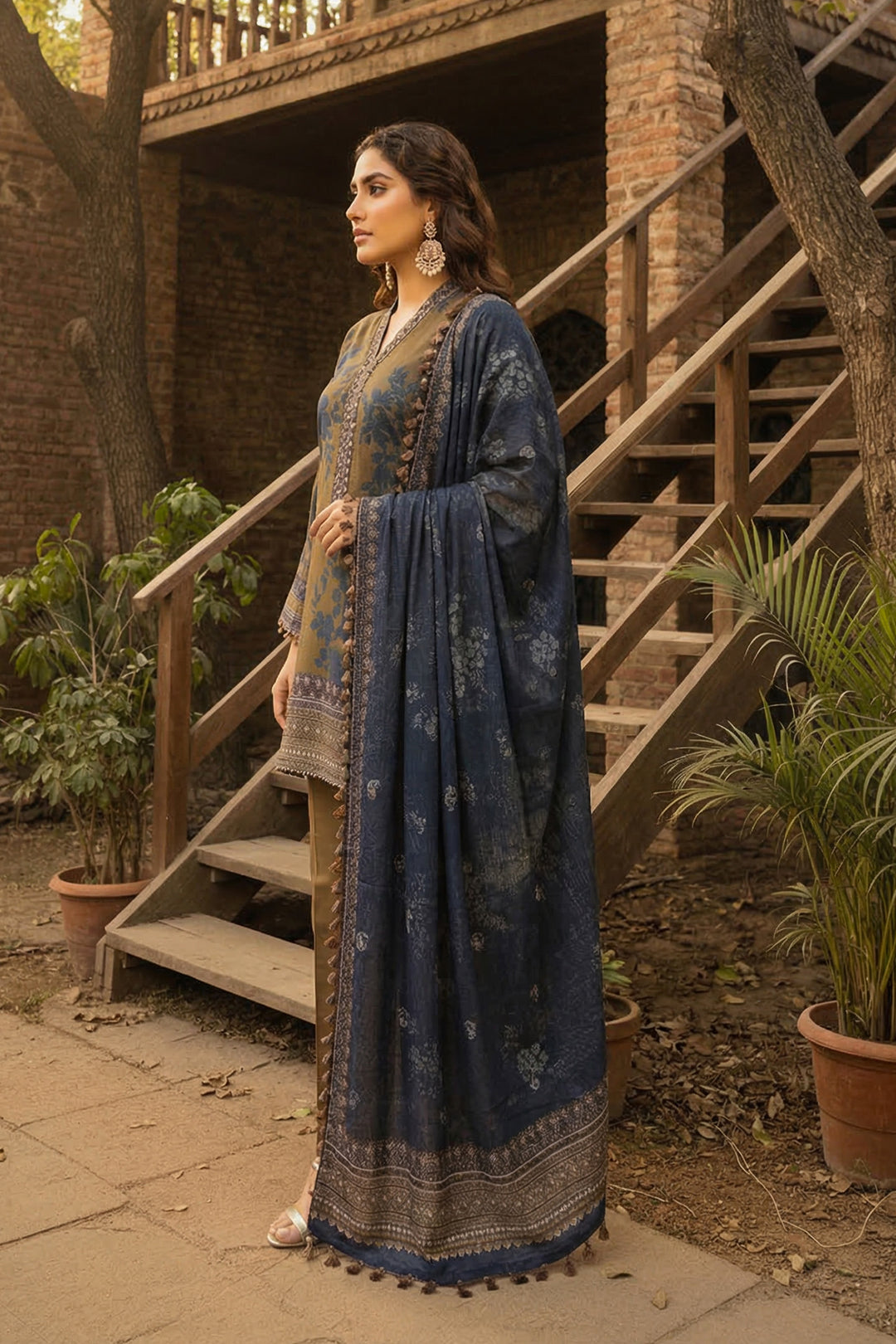 3 Piece Unstitched Brown Premium Printed Lawn