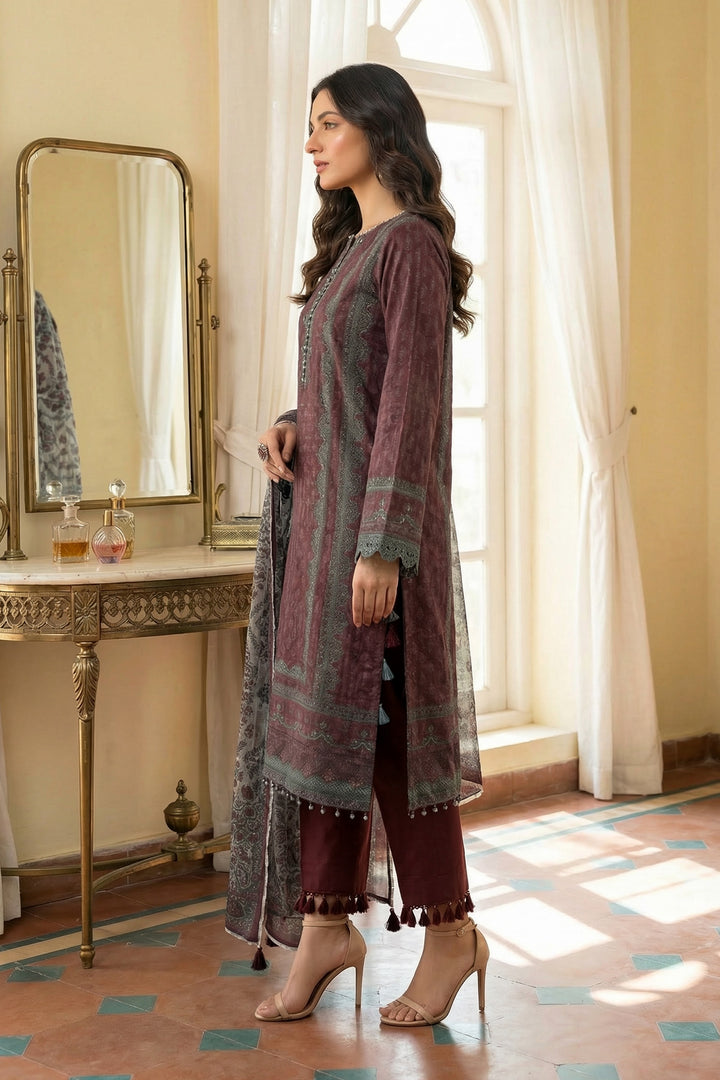 3 Piece Unstitched Deep Coffee Premium Printed Lawn