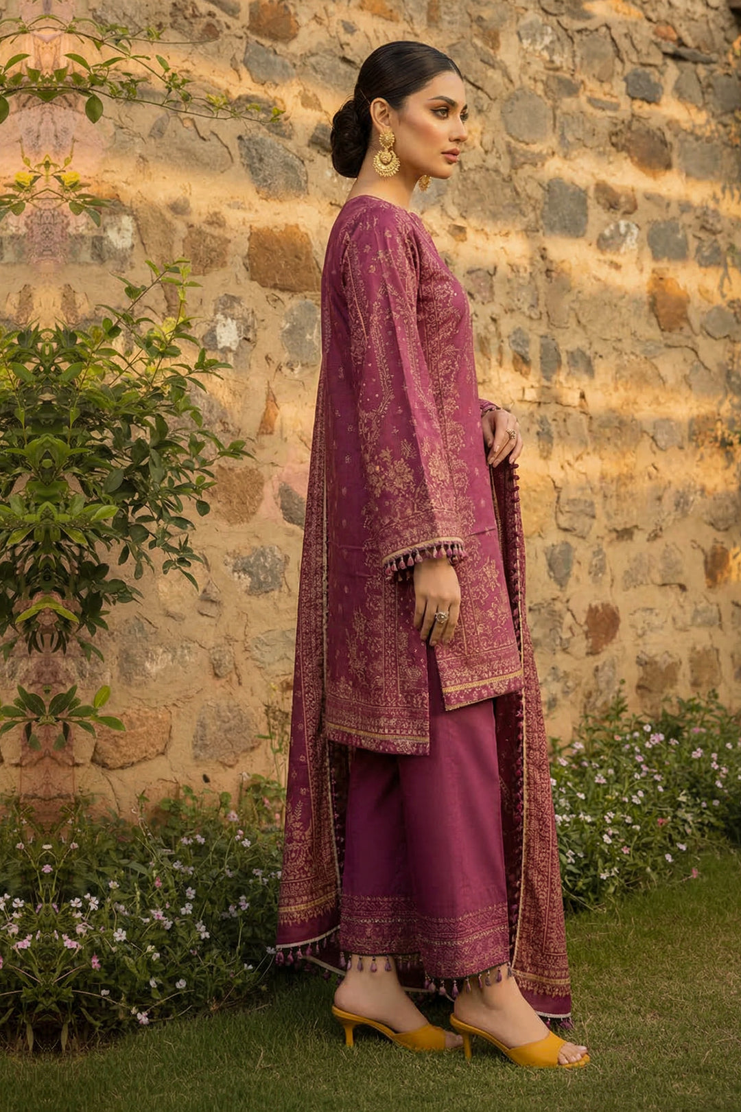 3 Piece Unstitched Dark Raspberry Premium Printed Lawn