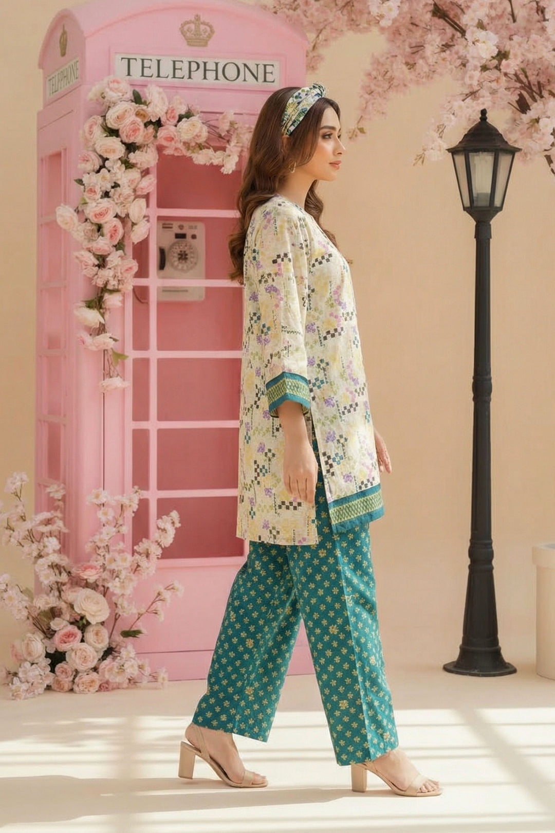 Tan 2 Piece Unstitched Printed Cambric Co-Ord Set