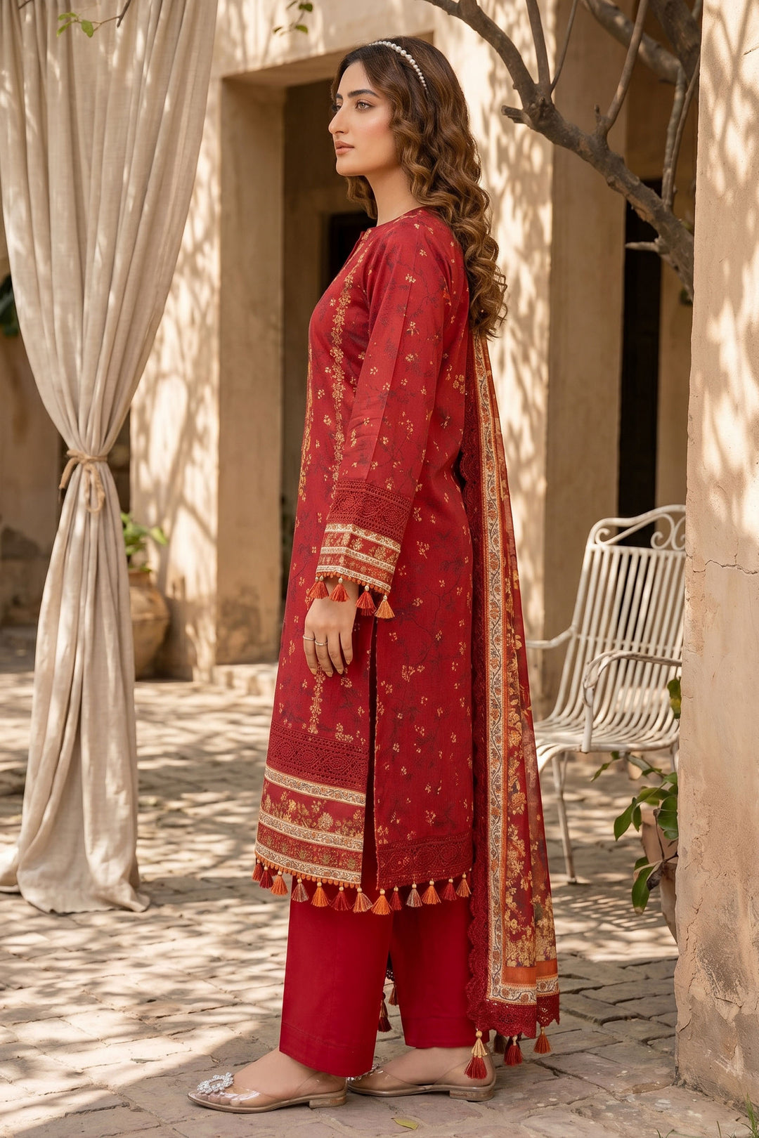 3 Piece Unstitched Red Premium Lawn