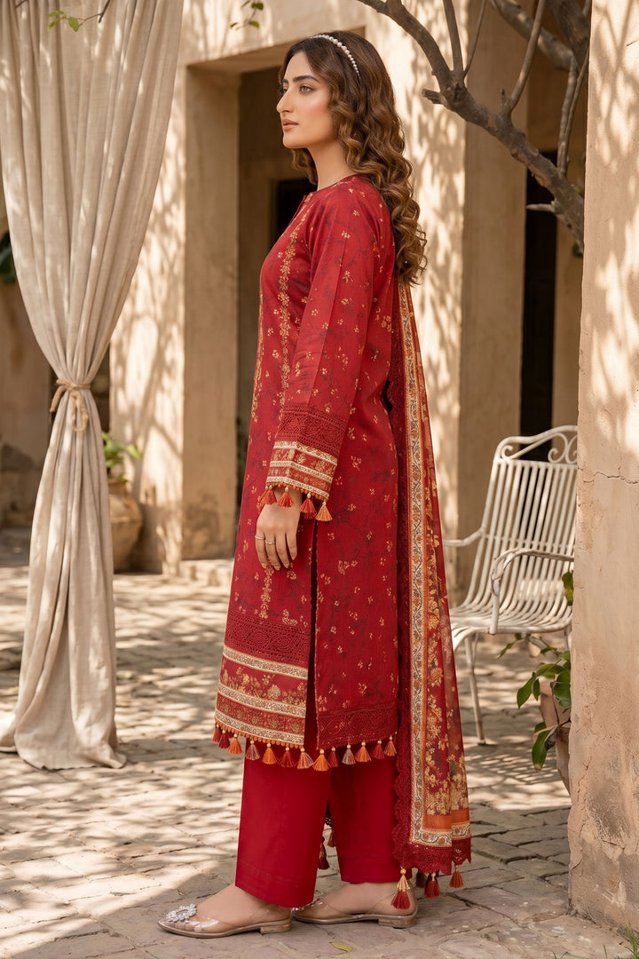 3 Piece Unstitched Red Premium Lawn