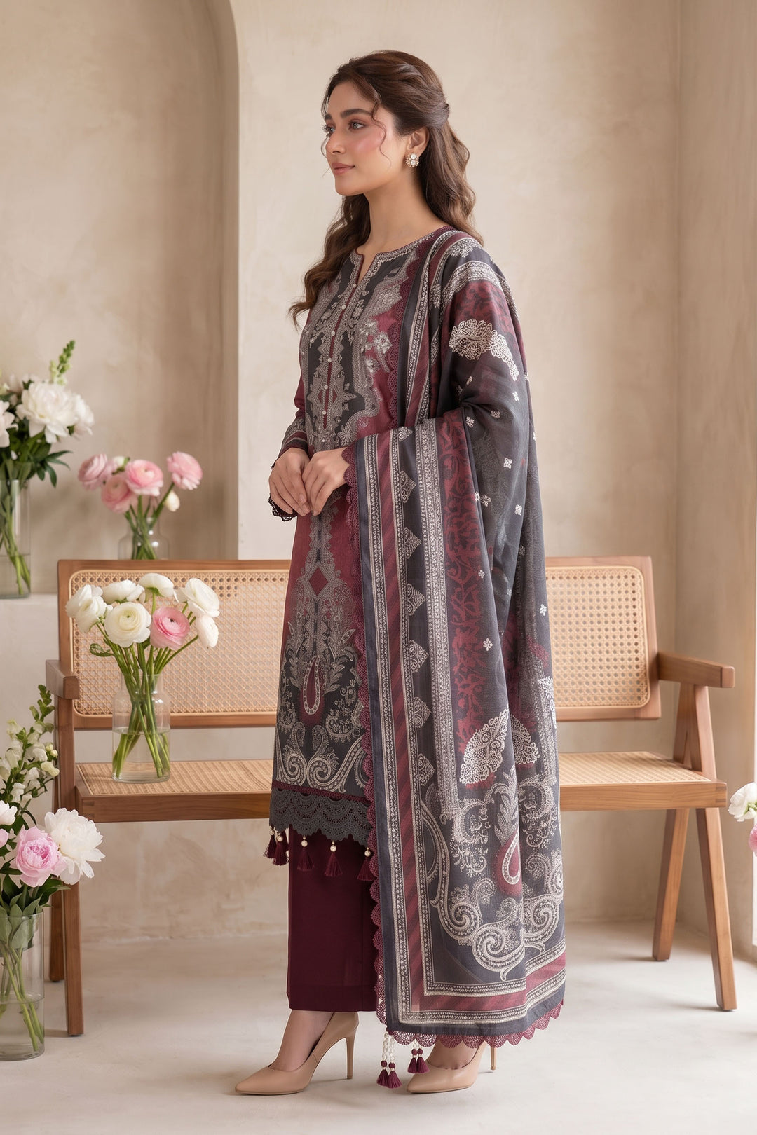 Red Wine 3 Piece Unstitched Premium Printed Lawn