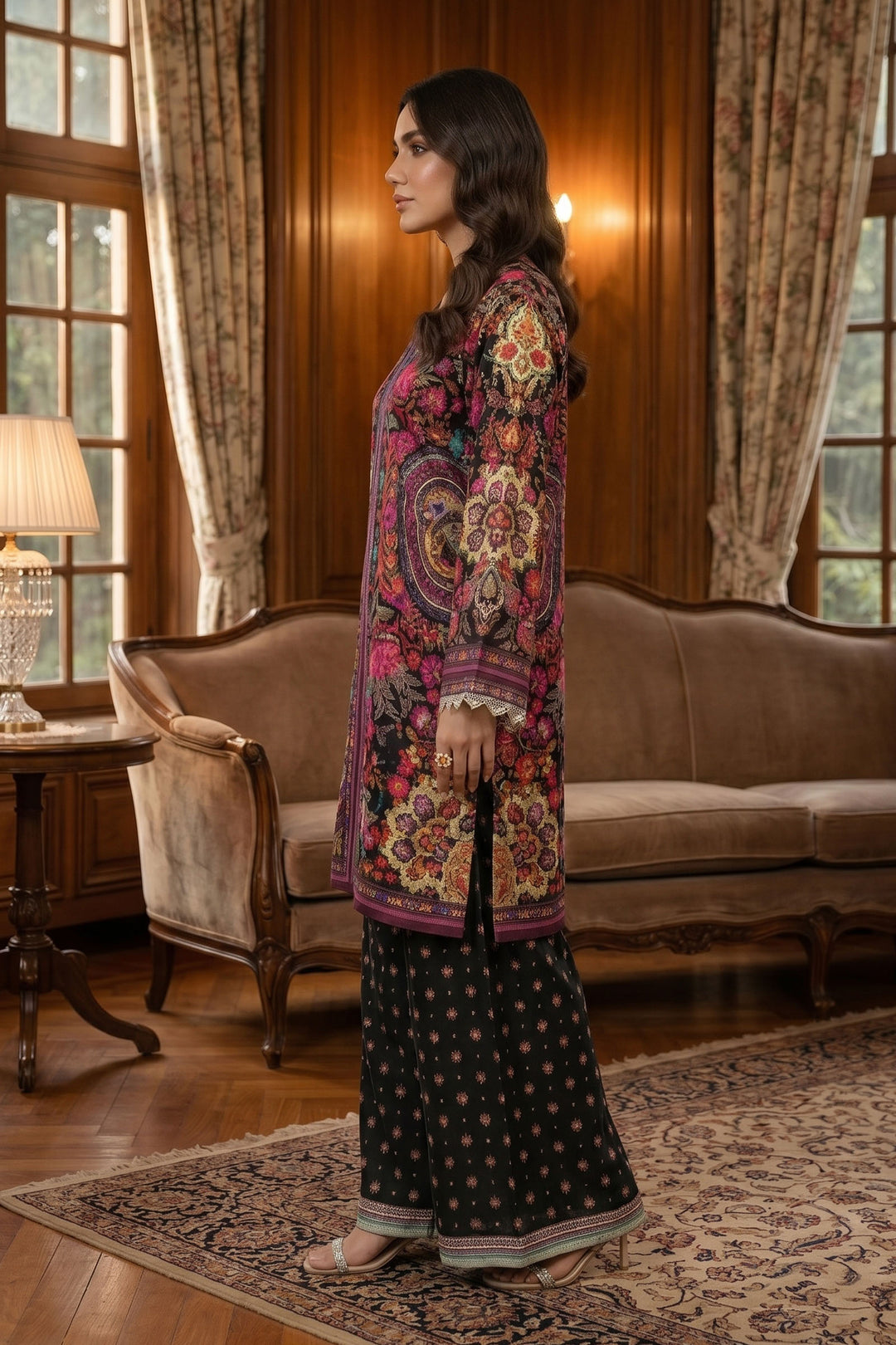 Black 2 Piece Unstitched Printed Cambric Co-Ord Set