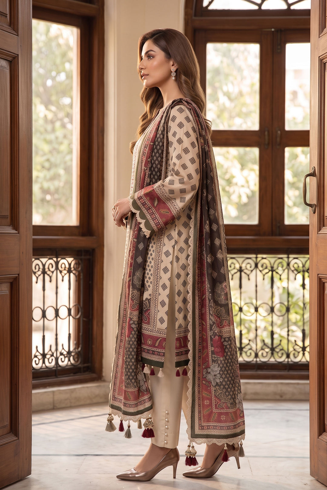 Beige 3 Piece Unstitched Premium Printed Lawn