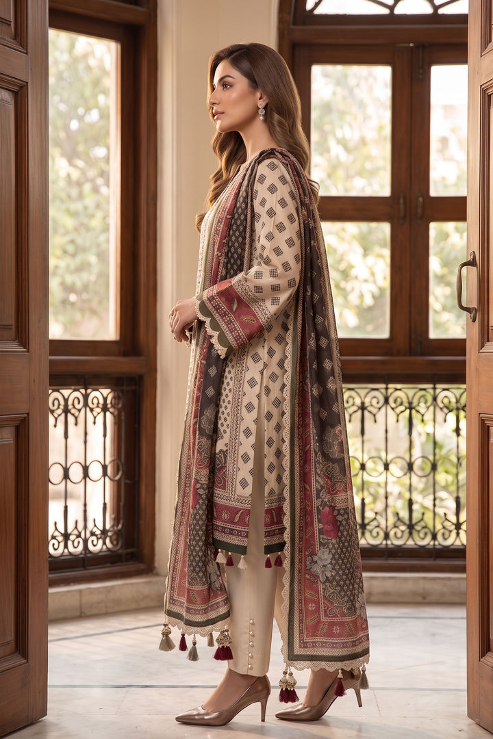 Beige 3 Piece Unstitched Premium Printed Lawn