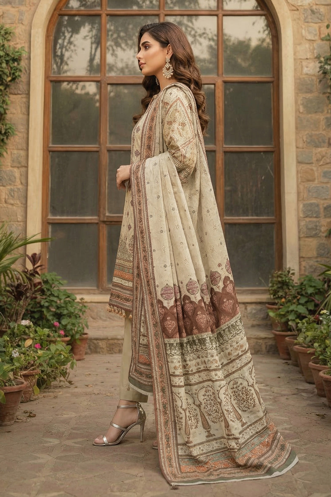 3 Piece Unstitched Beige Premium Printed Lawn