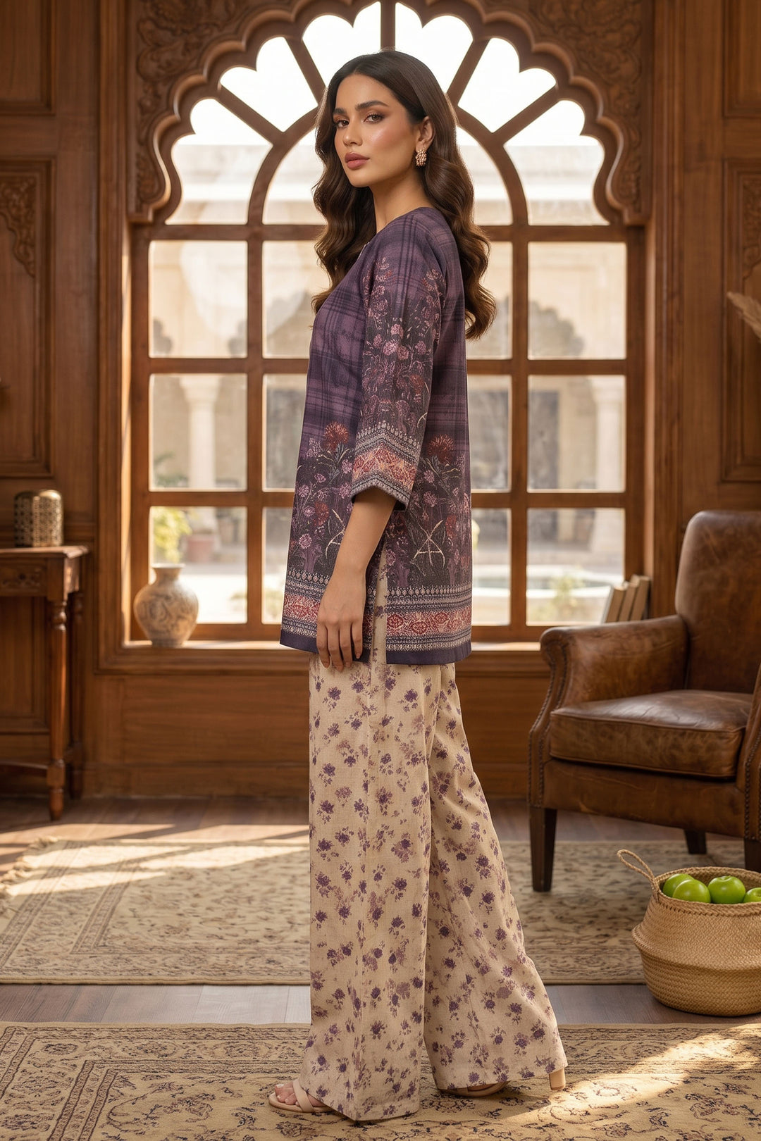 Purple Taupe 2 Piece Unstitched Printed Cambric Co-Ord Set